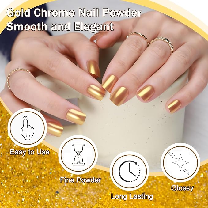 Chrome Nail Powder - 4 Jar Metallic Mirror Effect Pigment for Nail Gel Manicure DIY at Home Salon Women Gifts - Gold, Sliver, Glass Chrome, Pink Aurora