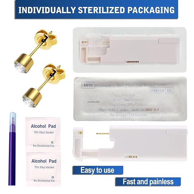 KAIQIKAIXI 2Pcs Ear Piercing Kit Automatic And Painless Ear Nail Gun Disposable Aseptic Household Ear Piercing Gun Portable Ear Piercing Gun Group Ear Piercing Tools (4mm, Golden)
