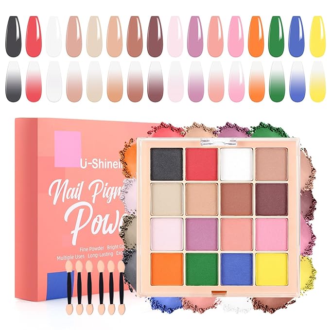 Nail Pigment Powder Palette Set, 16 Colors Ombre Nail Powder Palette Nude Brown Light Blue French Aura Nails Ombre Nail Brush Long-lasting Manicure Nail Art DIY Accessories (09)