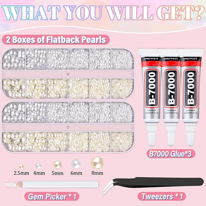 Flatback Pearls for Crafting with 3Pcs 10ml B7000 Jewelry Glue, 2 Boxes of Half Round Beige and White Pearls, Bedazzling Beads for DIY Crafts Clothing Tumblers Shoes Embellishment Nail Art