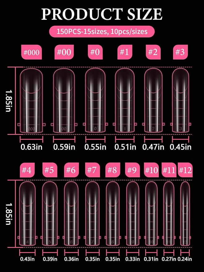 EBANKU Poly Gel Nail Forms for Toes, Pink Long Square Dual Forms for Pedi Nail Extension Poly Gel Toenails Reusable Toe Nail Tips Mold, 150 Pieces, 15 Sizes
