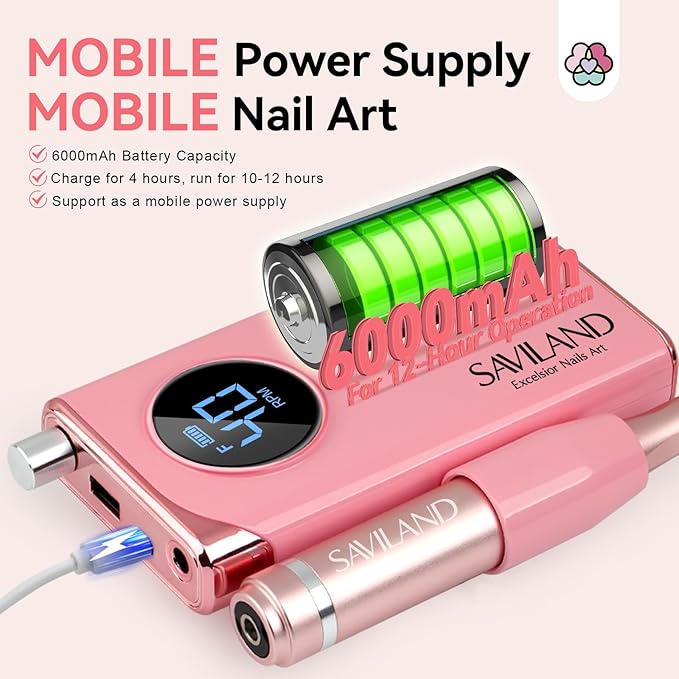 SAVILAND Electric Nail Drill Professional: 40000RPM Pink Rechargeable Electric Nail Filer with 6000mAh Battery, for Shaping, Removing & Polishing Acrylic Nails Home Salon Manicure Pedicure Ideal Gift