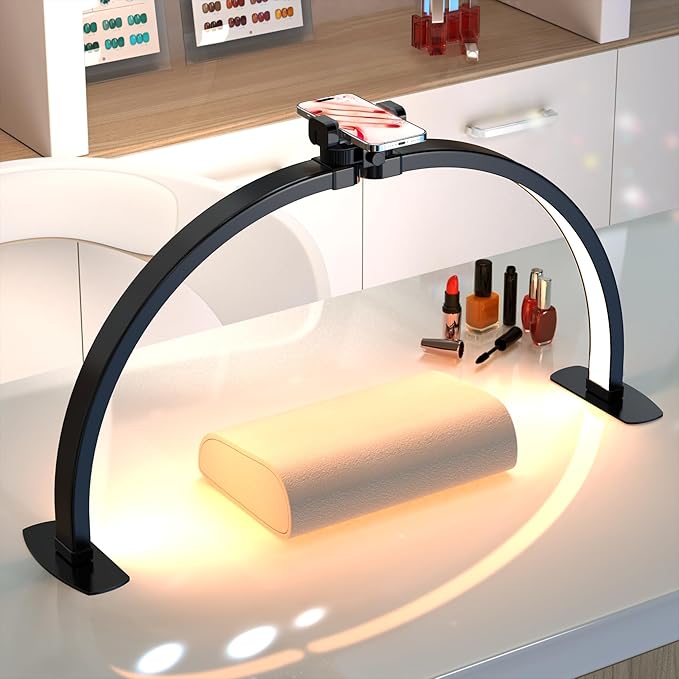 Professional Large Half Moon Light for Nail Desk with Phone Holder, Arch Light for Nail Techs for Manicure Table (Black, Large)