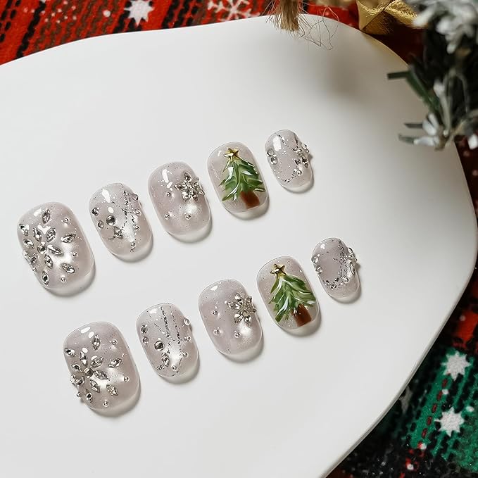 Winter Bling Press on Nails Short Coffin Handmade Fake Nails with 3D Snowflake Gems Design, Silver Glitter Artificial Nails Tree Light Design Reusable Stick on Nails (Winter Snow Scene,S)