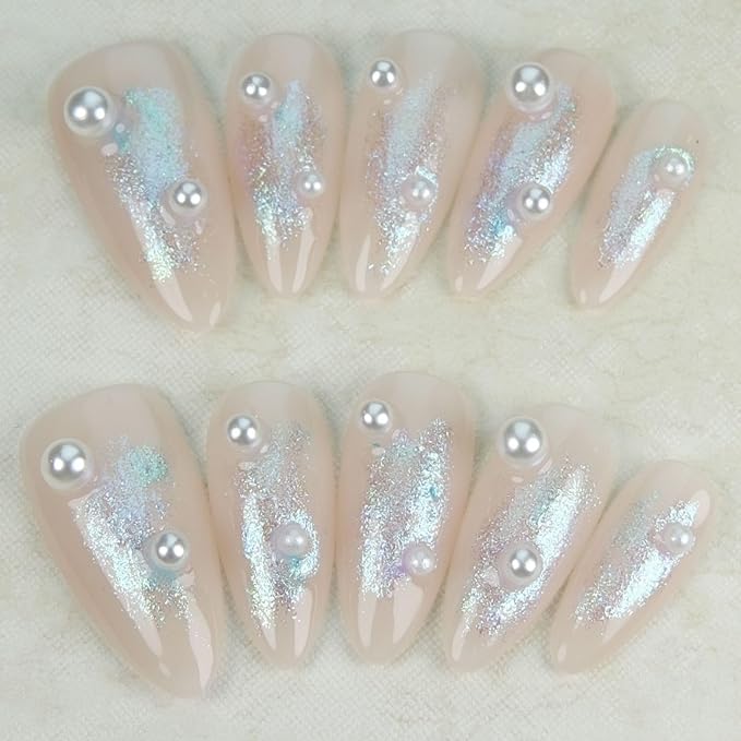 Press On Nails Short Round Fake Nails Handmade False Nails Pink Silver Glitter Powder Pearl Nail Charms With Designs,Acrylic Nail Kit Gel Nails,Reusable Stick on Nails for Women 10pcs M