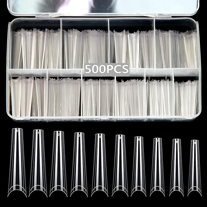 500Pcs XXL No C Curve Coffin Tips for Acrylic Nails Professional Set, Clear Half Cover Long Fake Nails, Ballerina Shaped French Tips for Salon and DIY Art 10 Sizes