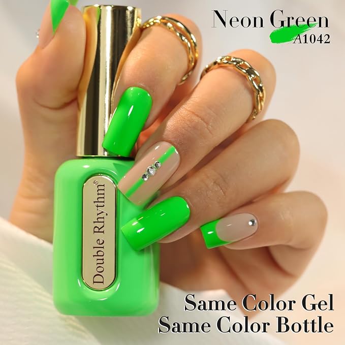 Double Rhythm 0.50 OZ Gel Polish Hema Free Same Color Same Bottle Golden Round Translucent Neutral Natural Milky 15 ML Jelly UV Polish Art DIY at Home (Neon Green-C1042)