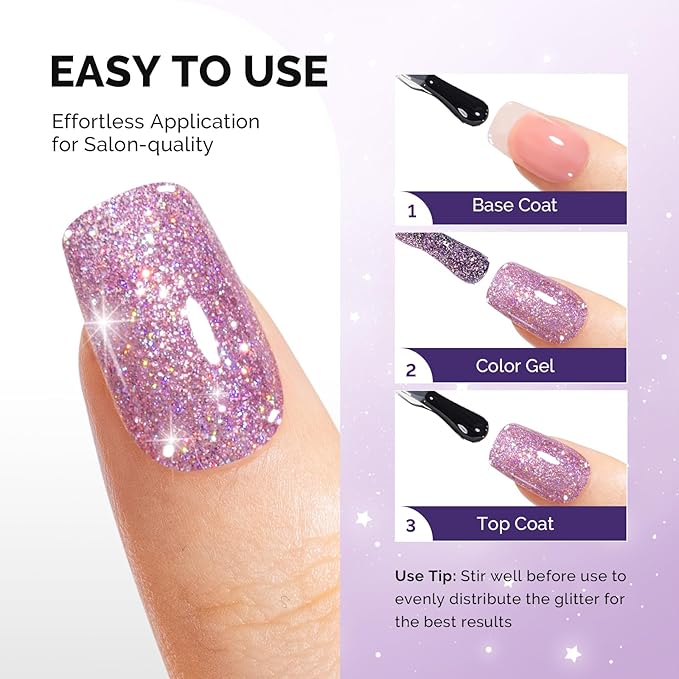 MelodySusie Galaliver Pink Glitter Gel Nail Polish, 15ML Sparkly Purple Shimmer Gel Polish Soak Off UV LED Cured Long Lasting Gift for Women DIY Nail Design Nail Art Manicure X06