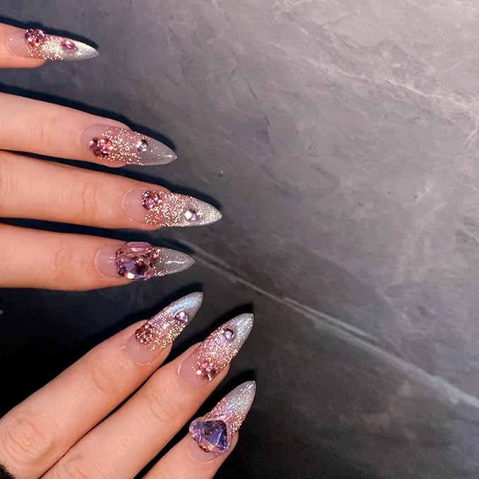 WOMHOPE Press on Nails Handmade Full Cover False Nails with Rhinestone Vintage Flower Aurora Acrylic Nails for Women and Girls 10pcs/Box Long Almond,Coffin (Pink cat's eye, Small)