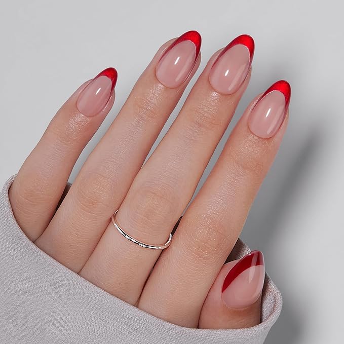 VSALON Press On Nails Short Almond, Red French Tip Fake Nails With UV Glue, Reusable Stick On Nails, Soft Gel Glue On Nails, New Year Valentine Gift in 16 Sizes 32 Pcs Kit
