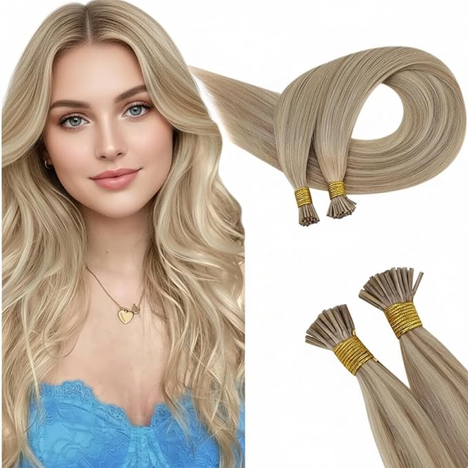 RUNATURE I Tip Hair Extensions Human Hair Blonde I Tip Hair Extensions Human Hair 20 Inch Itip Long Extensions Remy Natural Hair Pre Bonded Hair Extension Golden Blonde Highlight Light Blonde 50g 50s