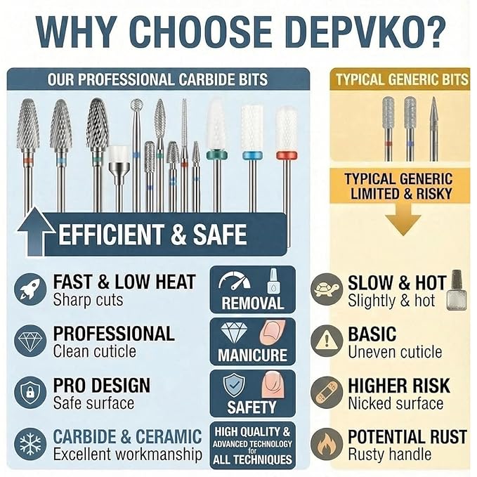 Depvko 13PC Nail Drill Bits Set, Drill Bits for Nails, 3pcs Tungsten Carbide Drill Bits+ 3pcs Ceramic Efile Nail Drill Bits+ 6pcs Cuticle Drill Bits+ 1pcs Brush, 3/32 inch Nail Bits for Nail Drill