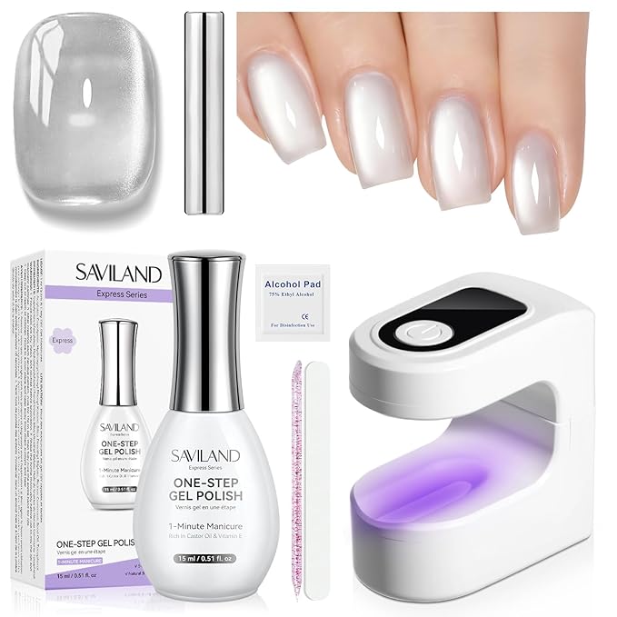SAVILAND Glassy Cat Eye One-Step Gel Polish Kit: 5-In-1 Jelly Silver Magnetic Gel Nail Polish with Fast Curing Mini U V Nail Lamp Magnet CatEye Nails Home Easy To Use Women Gift 15ML Travel