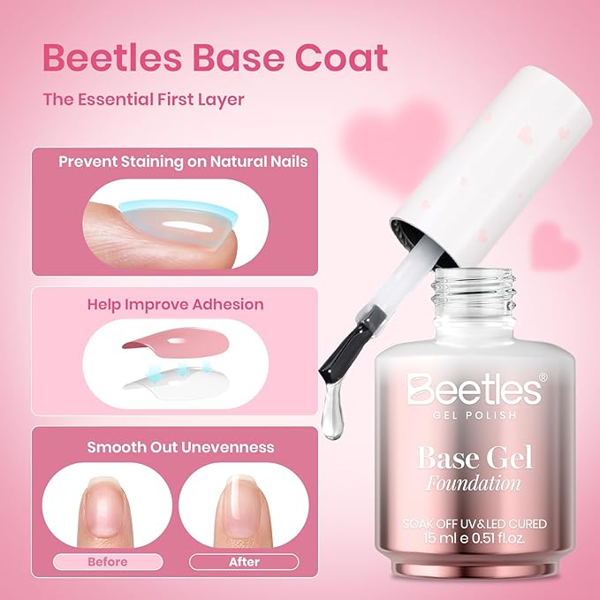 Beetles Gel Base and Top Coat Set Valentines Limited, 2Pcs 15ml No Wipe Top Coat Gel Nail Polish & Strong Adhesion Base Coat Long Lasting UV Lamp Needed Nail Art Design Manicure Gifts for Women