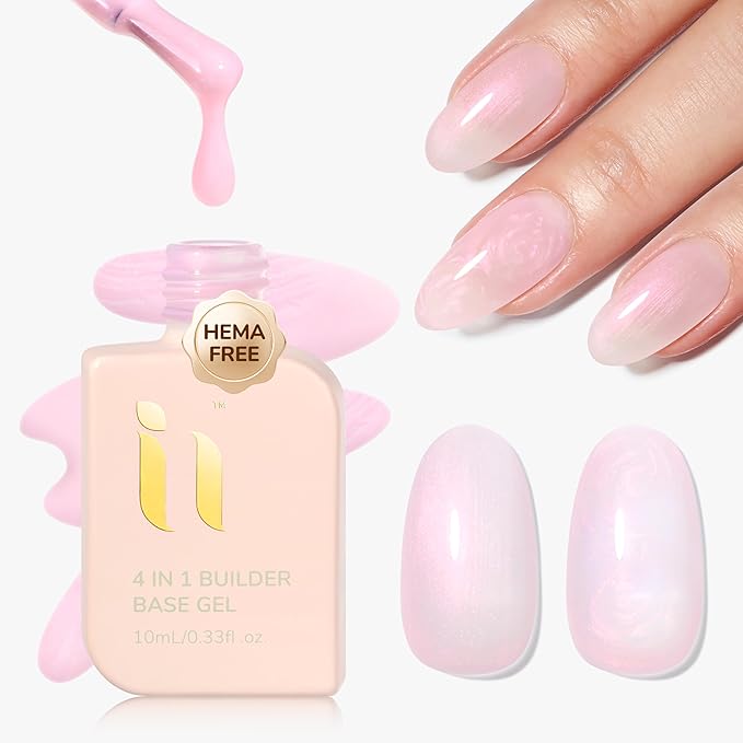 Hema Free Builder Rubber Base Gel, Soak Off Shimmer Hypoallergenic Gel for Soft & Thin Nails, Shine Finish Long Lasting LED UV Curing DIY Manicure