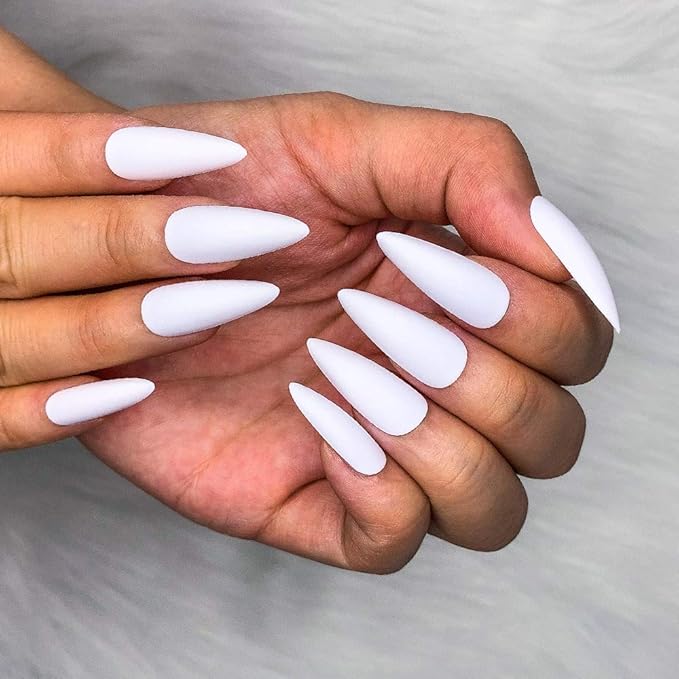 Morily 24pcs Fake Nails Matte Pure Color Medium Long Stiletto Almond Press on Nails False Tips Artificial Finger Manicure for Women (White)