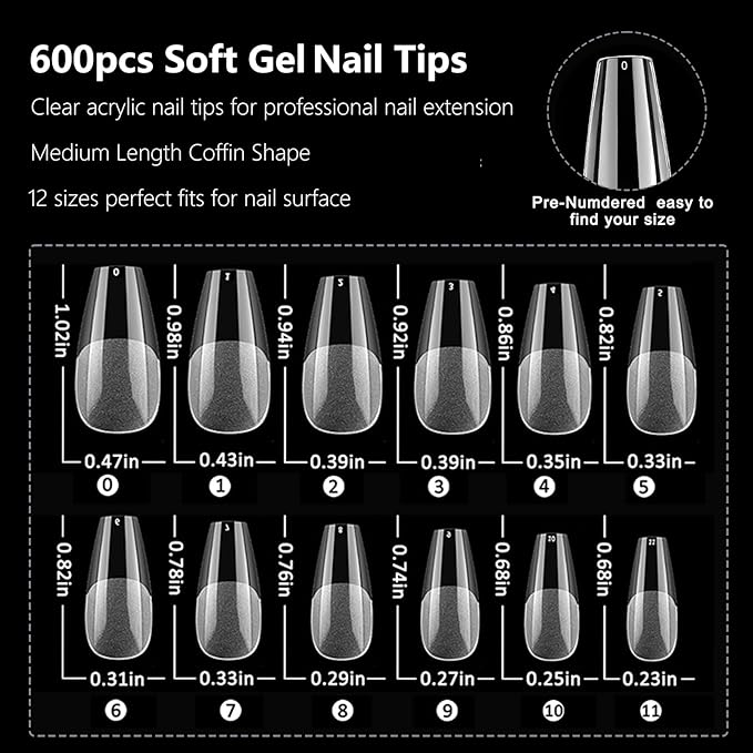 AddFavor 600pcs Coffin Nail Tips, Medium Coffin Soft x Gel Nail Tips Clear Fake Nails Ballerina Full Cover Acrylic Nails Tips for Extension Nail Manicure Salon Home DIY