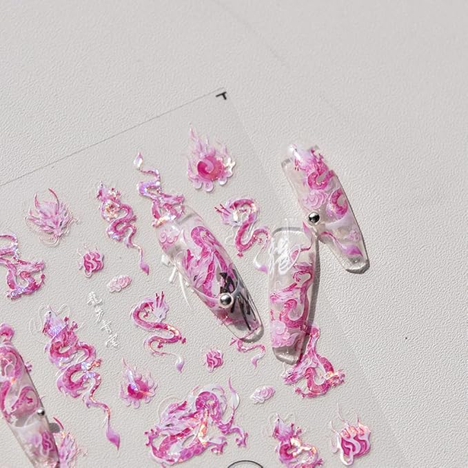 2Sheets Dragon Nail Art Stickers Blue Pink Chinese Totem Character Acrylic Nail Decals for New Year Spring Festival Cool Design Nails Supplies (A Style)