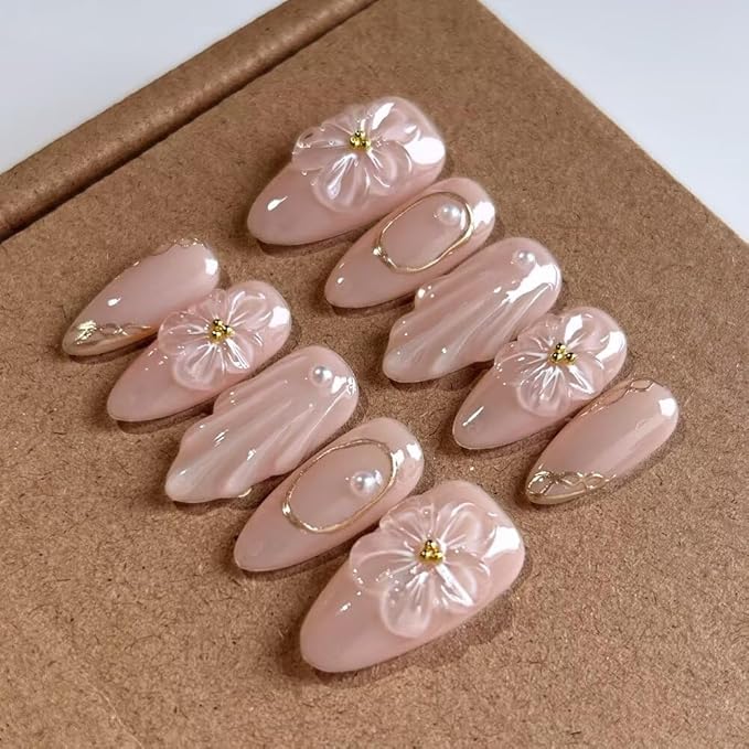 10 Pcs Medium Length Handamde Almond Press On Nails Reusable ABS Acrylic False Nails Set for Women (Size L)