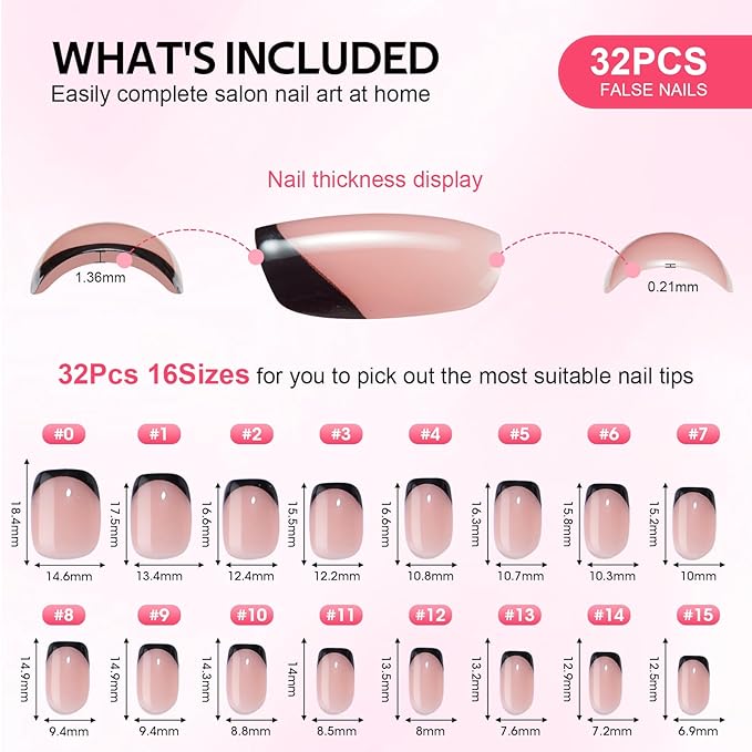 French Tip Press On Nails Short - Findigit Square Stick On Nails with Nail Glue, Reusable Soft Gel Glue On Nails Kit Fit Natural False Nails for Women 16 Sizes - 32 Nail Kits, Square Black French