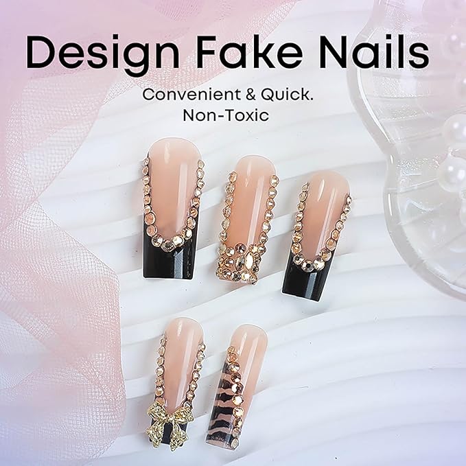 RTKHFZE Extra Long Press on Nails Square Fake Nails Black French Tip False Nails with Gold 3D Bow and Rhinestones Designs Square Nails Press ons Stick on Nail for Women 24Pcs