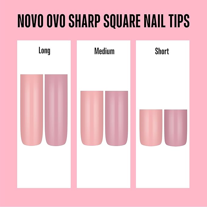 NOVO OVO Meidum Sharp Square Nail Tips Press on Pure Color BABY PINK, Extra Thick NEED Builder Gel Top Coat Glue Soft Gel Matte Fake Nail Extension, Full Cover False Nails for Salon DIY 15 Sizes 180pc