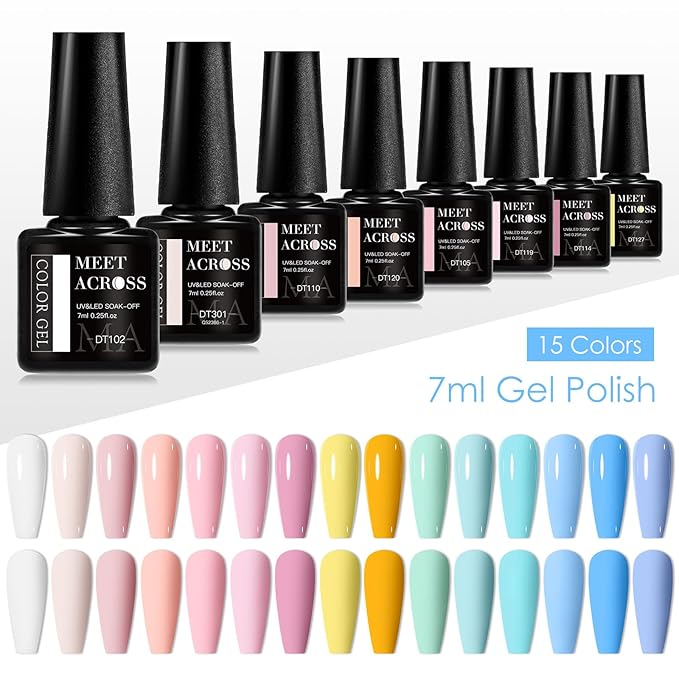 MEET ACROSS 18PCS Nude Gel Nail Polish Set Macaron Gel Polish Kit Pink Orange Sky Blue Nail Polish Set Spring Summer Gifts for Women 15 Colors