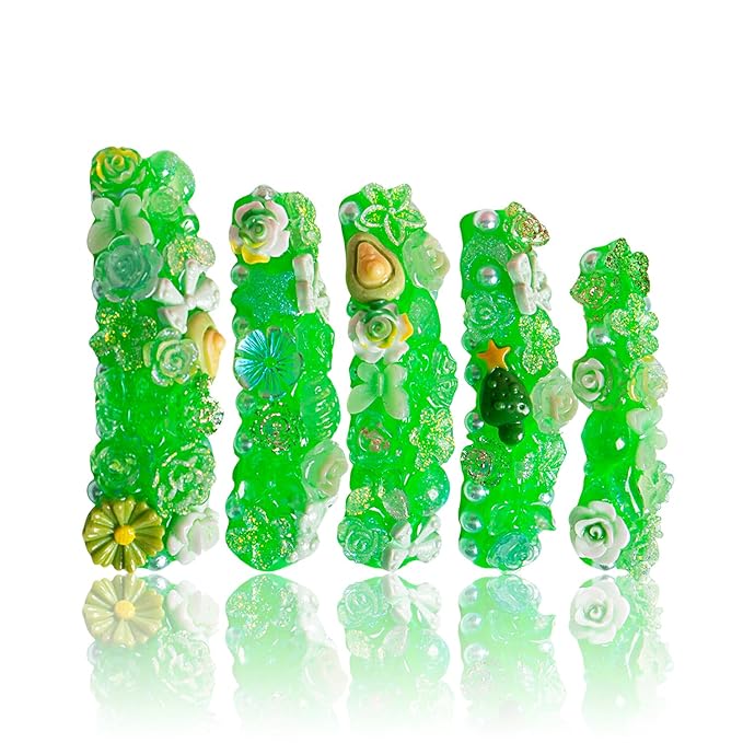 LOVFUL Press on Nails Green Glow Magic | Handmade with Full Covered Crystals | Reusable Full Cover Nails | Curve Long 2.2 in | H219-S