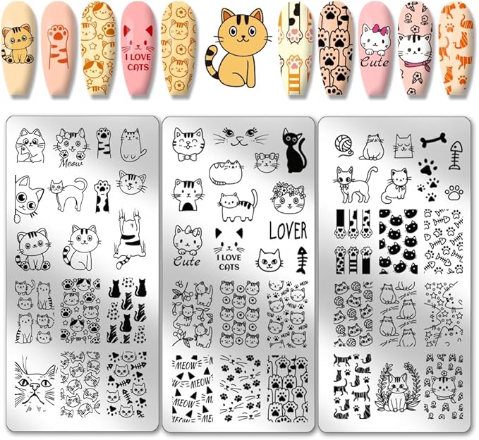 PH PandaHall 3pcs Cute Cat Nail Stamping Plates, Lovely Cat Nail Art Templates Animal Cat's Paw Fishbone Nail Art Stencils Stainless Steel Nail Image Plates for Women Nail Design Print Manicure Salon