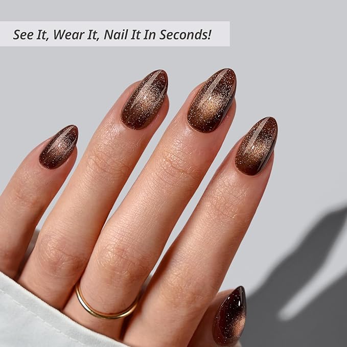 BTArtbox Press On Nails Short - Mocha Hypnotic, Almond Brown Spakly Cat Eye Press On Nails with Glue and Adhesive Tabs for Women, Soft Gel Glue On Nails in 16 Sizes - 32 Stick On Nails Kit