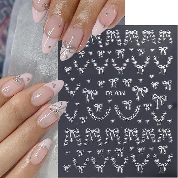 6Sheets Bow Nail Art Stickers Decals 3D Self Adhesive Cute Nail Decals Gold Silver Red Heart Bow Nail Supplies Design Valentines Nail Stickers French Tip Nail Decorations for Women DIY Manicure