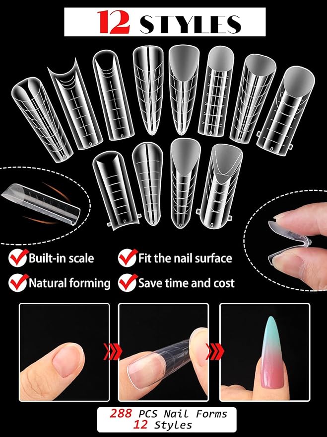 TOROKOM Dual Forms for Poly Nail Gel 288PCS Dual Nail Forms Molds Stiletto Coffin Ballerina Acrylic Nail Tips 12 Shapes for Builder Gel Manicure Nail Art Design Salon DIY at Home