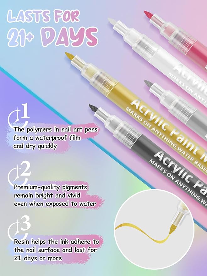 EBANKU Nail Art Pens Quick-Drying, 3D 0.7MM Acrylic Paint Pens Nail Art Markers Nail Polish Pen Nail Point Dotting Liner Pen Tools for Home & Salon Nail DIY(Gold)