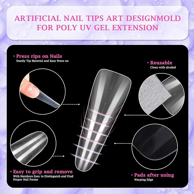 outopen 150pcs Long Straight Stiletto Dual Nail Forms Clear Full Cover Nail Extension Art Mold with Scale Reusable Nail Forms for Polygel Acrylic Extension Beginners DIY Manicure, 15 Sizes