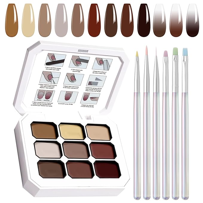 Gradient Gel Nail Set, 9 Colors Ombre Gel Nail Polish with 6 Aurora Multi-Purpose Brushes for Pigment Pat Nails French Manicure Nail DIY Painting Soak Off UV Coconut Latte
