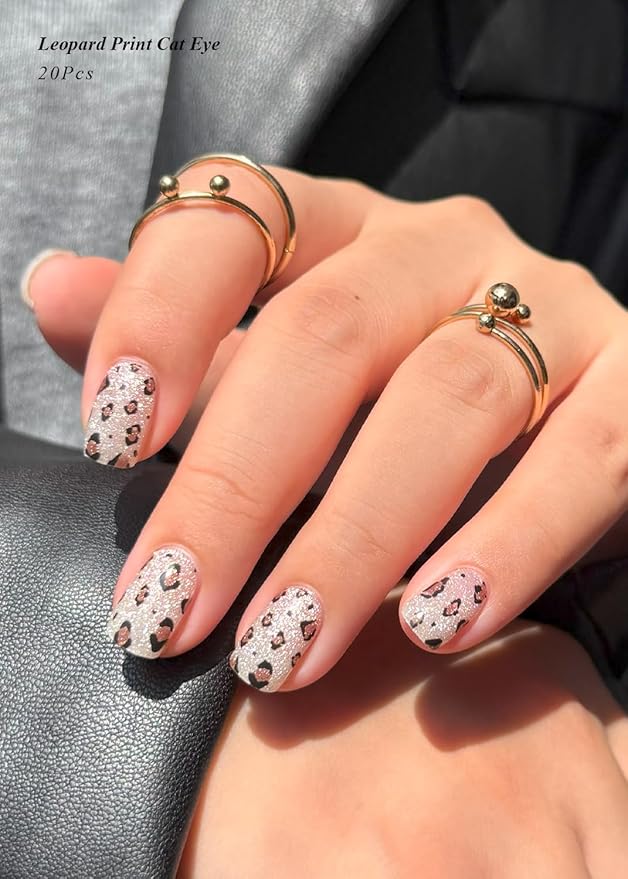 Semi Cured Gel Nail Strips (Leopard Print Cat Eye), Brown, 20 Pcs Fall Gel Nail Wraps, Stickers, Salon Quality, Works With Any UV Lamps