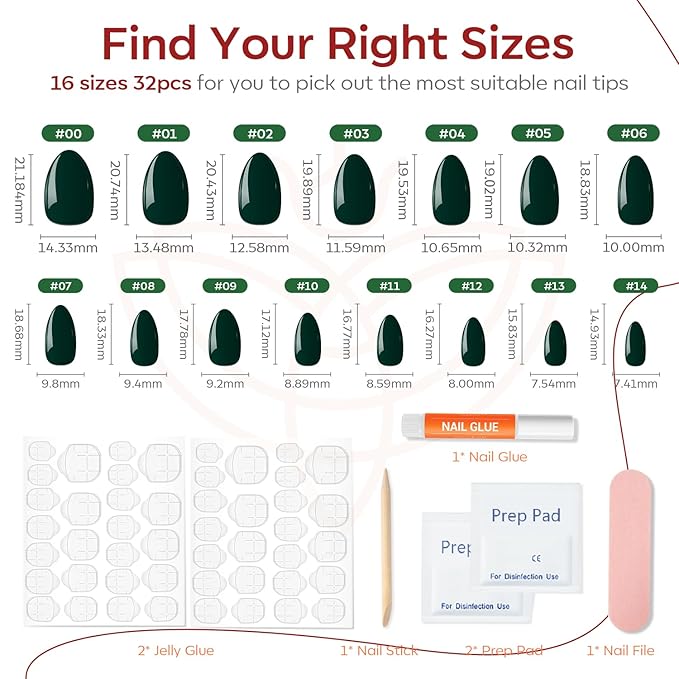 Modelones Dark Green Press on Nails Almond, St Patricks day Spring Short Fake Nails, Reusable Nail Kit with Nail Glue Adhesive Tabs Mini Nail File, Nails Press Ons 32Pcs 16 Sizes