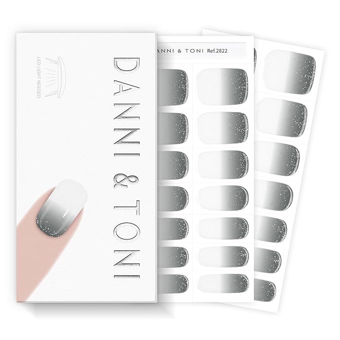 DANNI & TONI Semi Cured Gel Nail Strips Grey-to-White Ombre Glitter Gel Nail Wraps 28 Stickers | Ash Dream