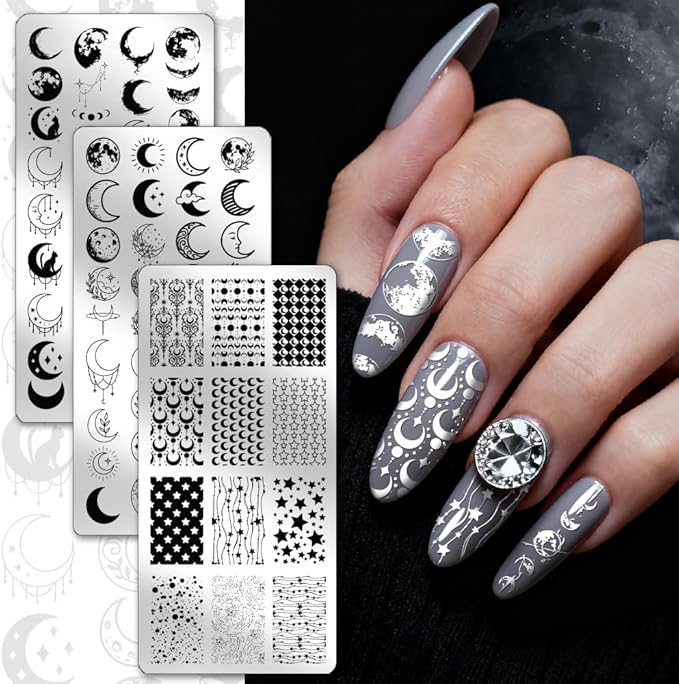 PH PandaHall 3pcs Moon Phases Nail Stamping Plate Night Sky Nail Art Templates Star Lunar Manicure Stamper Plate Planet Meteors Nails Art Stencils for Women Print Manicures Salon Design Supplies