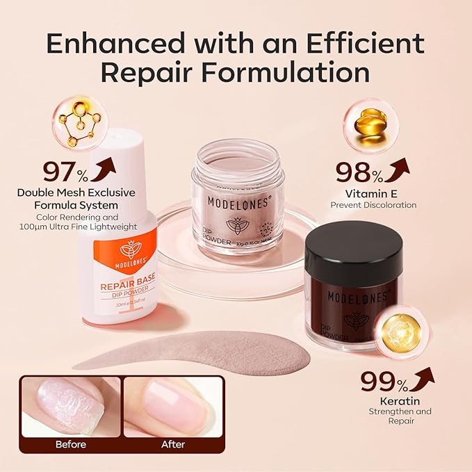 Modelones Dip Powder Nail Kit, 4 Colors Brown Glitter Dipping Starter Set with Liquid and Complete Accessories for French Nails Art Salon DIY at Home Manicure