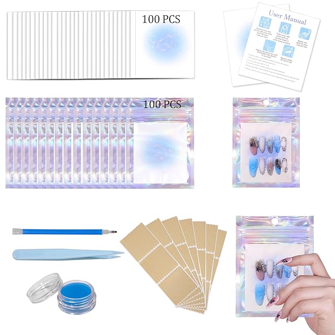 100PCS Press on Nail Packaging Bag, 100PCS Display Card with 231 Pcs Pre-cut Adhesive Tape & Diamond Art Pens & Glue Clay & Tweezers, 6-in-1 Set for Nail Display (Laser)