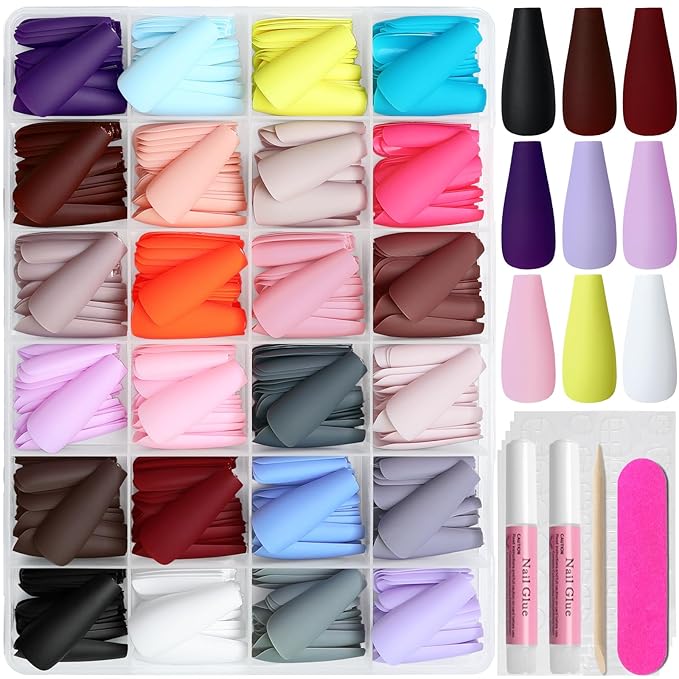 AddFavor Press on Nails Long Coffin Fake Nails, 576pcs 24 Colors Coffin Press on Nails Full Cover Acrylic Nail Press ons, Matte False Nail Tips for Women Glue on Nail