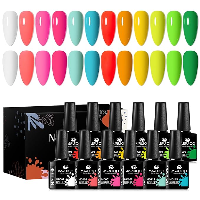 12Pcs Neon Gel Nail Polish Set Nude Gel Polish Set Pink Blue Rainbow Series Soak Off UV Nail Polish Manicure Kit
