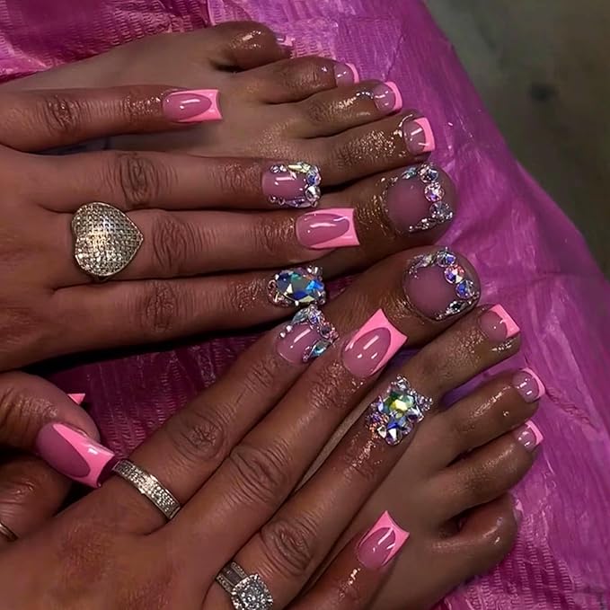 48Pcs Square Press on Nails Short & Press on Toenails Set, Pink French Tip Press on Nails with Rhinestone Design Fake Nails Short Press on Toe Nails for Women Manicure Kit