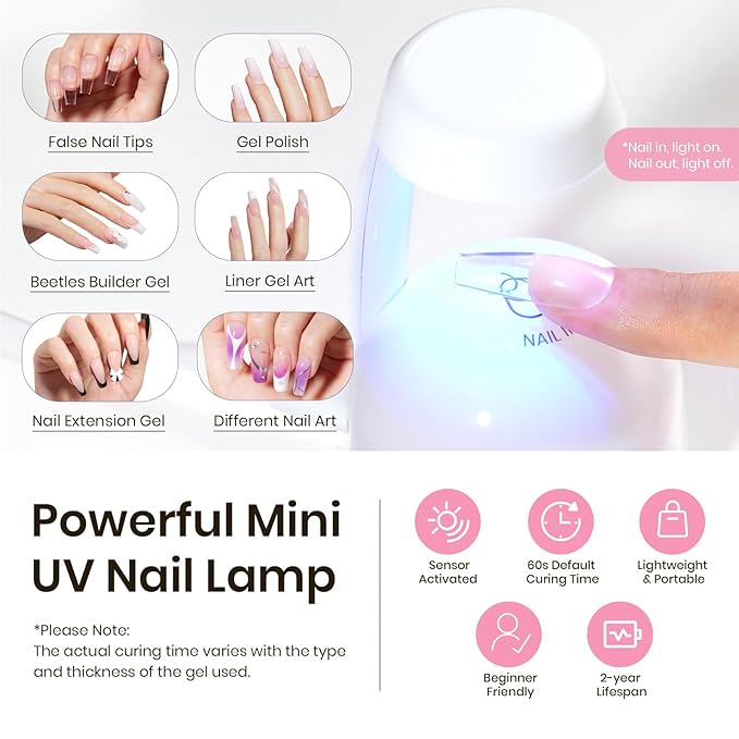Beetles Tipex Gel Nail Kit with 224Pcs 16Sizes Medium Coffin Apex Nail Tips C Curved , Pre-building Acrylic Nails with Tipex Nail Glue，Mini Nail Lamp, Nail File for DIY Nails or Salon Use