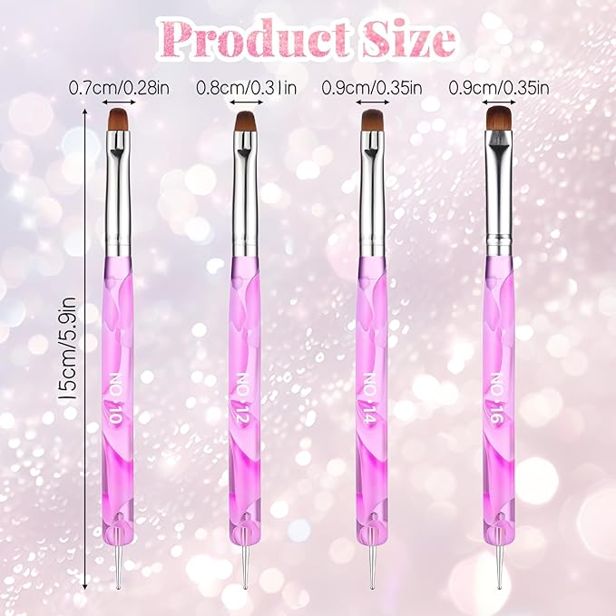 4 Pcs Acrylic French Gel Nail Art Brushes, Two Way Manicure Brush with Dotting Tool Double Ended Nails Gel Liner Brush for Manicure Cuticle Clean up Detailed Designs (10#, 12#, 14#, 16#)