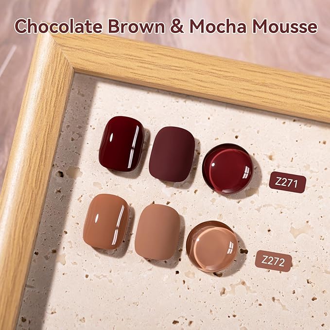 Chocolate Brown Nail Polish, 2 Colors Mocha Mousse Nail Polish Duo Non-Gel, Opaque, Fast Drying, Rich in Castor Oil, Streak Free & Long Lasting Glossy Nail Art