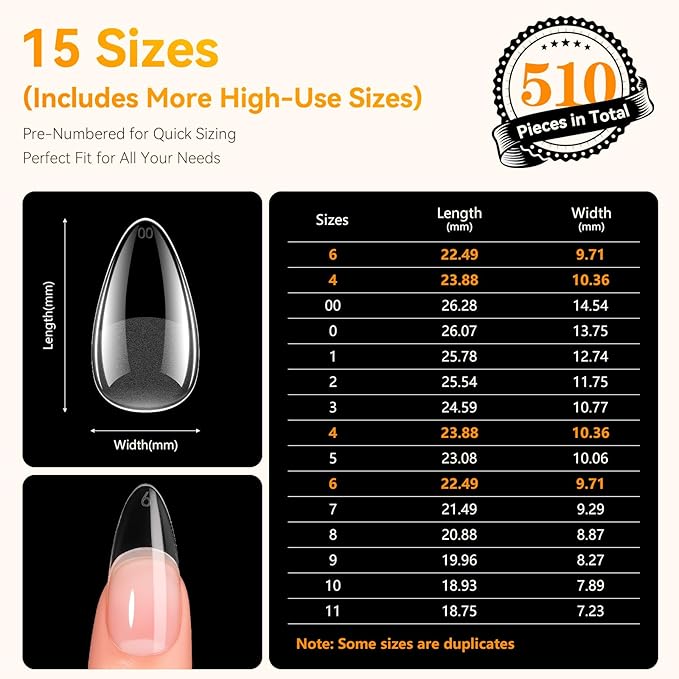 Makartt Almond Nail Tips: 510pcs Full Cover Medium Almond Fake Nails, 15 Sizes Soft Gel Half Matte Pre-shape Soak Off for Press on Nails DIY for Extension No Crease Acrylic Nail Manicure Salon Home