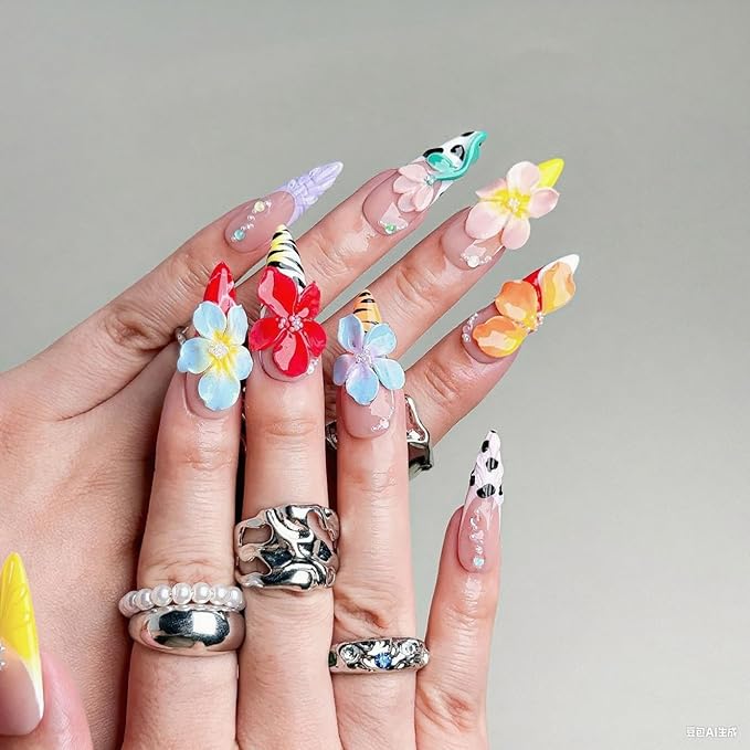 Flower Press on Nails French Medium Almond Acrylic Nail 3D Colorful Floral Design Rhinestone Handmade Press on Nails Reusable Full Cover Thick False Nail Stick on Nails for Women（Size M)