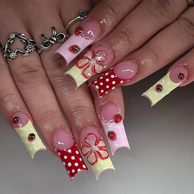 Long Press on Nails Square Fake Nails French Red Artificial Nail 3D Floral and Pearl Designs Cute Stick on Nail for Women 24pcs